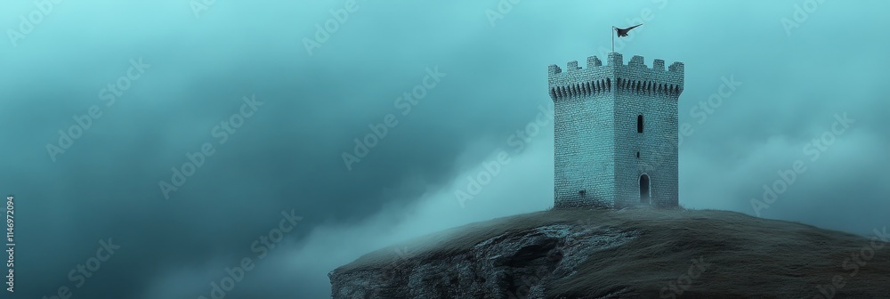 Clifftop Castle in Stormy Weather - A solitary castle stands on a cliff, shrouded in mist and storm clouds.  It symbolizes resilience, isolation, mystery, endurance, and hope.
