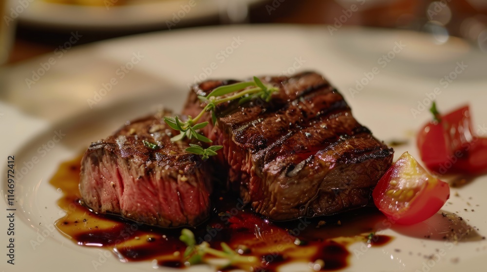 Clean lines and subdued colors highlight a plate of seared steak Clean lines and subdued colors highlight a plate of seared steak