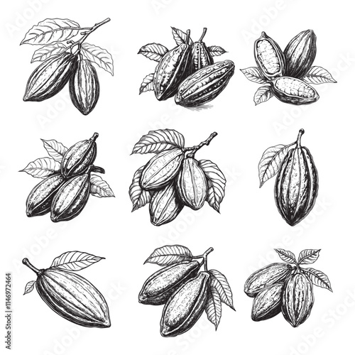 Set of cocoa beans vector illustrations - hand drawn cocoa beans - black and white cocoa beans isolated on white background