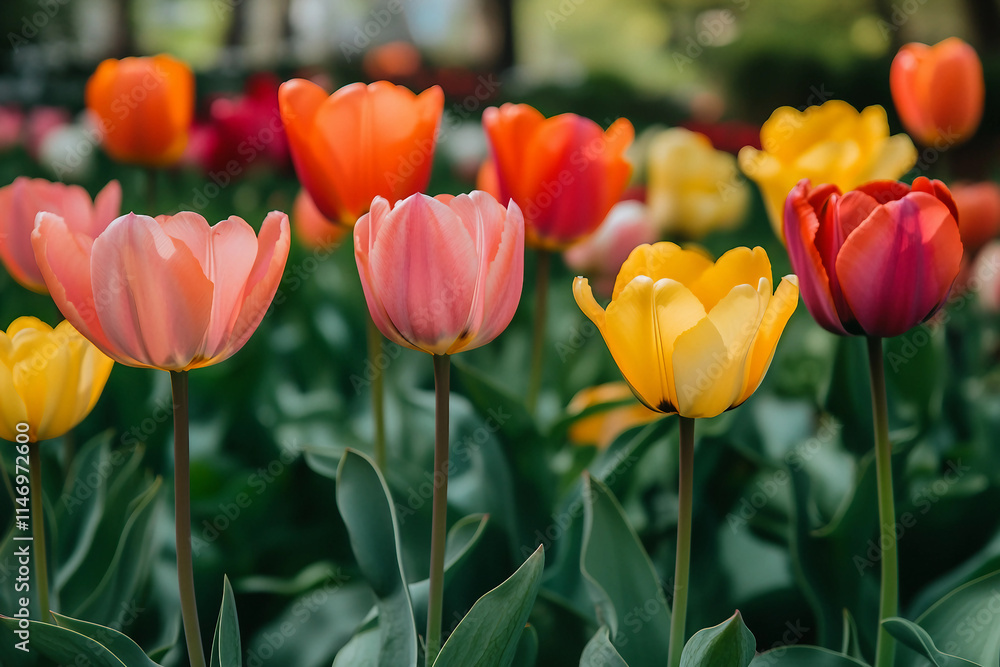 Fototapeta premium A beautiful spring tulips flowers in meadow generative ai picture