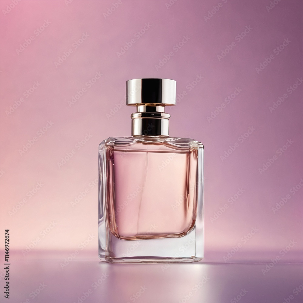 Perfume bottle with a metallic cap, against a soft gradient background Perfume bottle with a metallic cap, against a soft gradient background