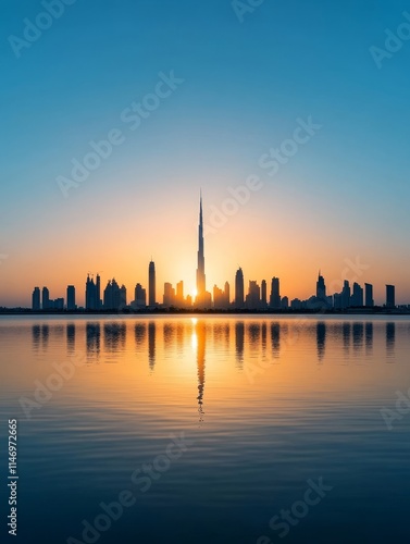 Dubai Skyline Sunset Reflection - Serene sunset over Dubai's iconic skyline, reflected in tranquil waters.  Symbolizing peace, prosperity, modern architecture, beauty, and ambition.