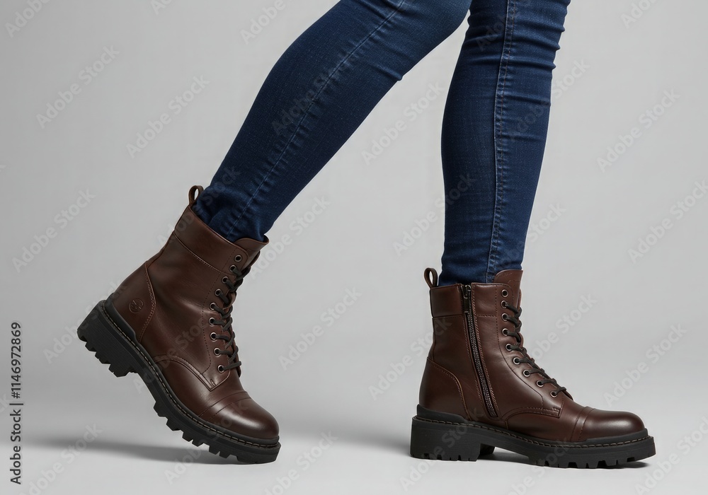 Lower half shot, A lady wearing a pair of combat boots on a light grey surface Lower half shot, A lady wearing a pair of combat boots on a light grey surface