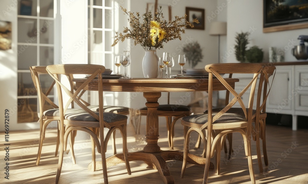 Stylish wooden dining chairs with mocha mousse cushions in a bright, airy room. Stylish wooden dining chairs with mocha mousse cushions in a bright, airy room.