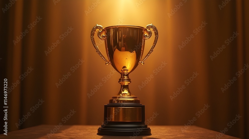 Shiny gold trophy displayed on a podium, surrounded by warm, soft light, highlighting triumph and recognition at an awards ceremony. Shiny gold trophy displayed on a podium, surrounded by warm, soft light, highlighting triumph and recognition at an awards ceremony.