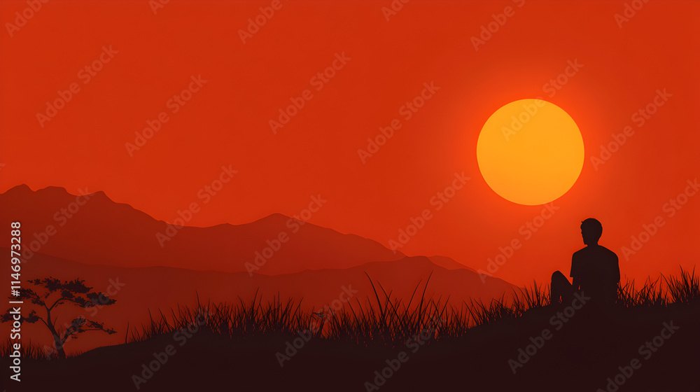 Fototapeta premium A silhouette of a person enjoying a sunset, symbolizing peaceful moments in life. Person watching sunset vector.