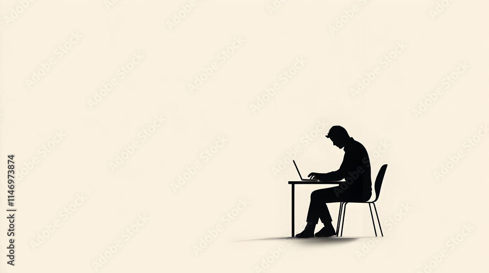 Fototapeta premium A clean design of a person working at a desk with a laptop, symbolizing a busy professional lifestyle. Person at desk minimalist illustration.