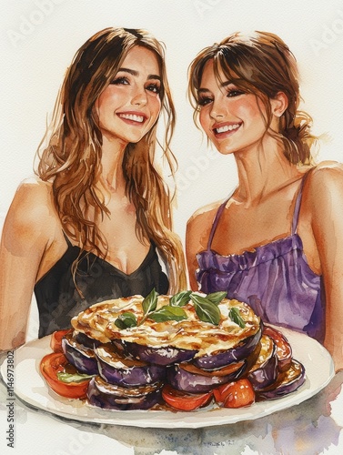 Smiling Woman Enjoying Traditional Greek Moussaka Dish, Watercolor Illustration, potential usecase for food blog, recipe book or restaurant advertising photo