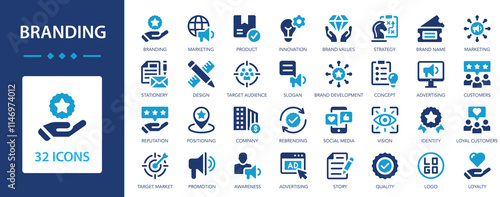 Branding icons collection. Creating, developing and promoting a brand. Logo, name, product, marketing, strategy, advertising, idea. Simple flat vector icon.