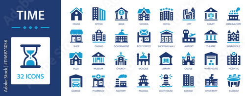 Building icon set. The buildings are different in purpose and style. House, hospital, office, bank, school, hotel.