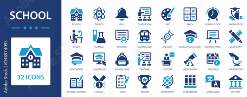 School icon set. Education and Knowledge symbol collection. C lassroom, students, teacher, blackboard, bell, lesson.