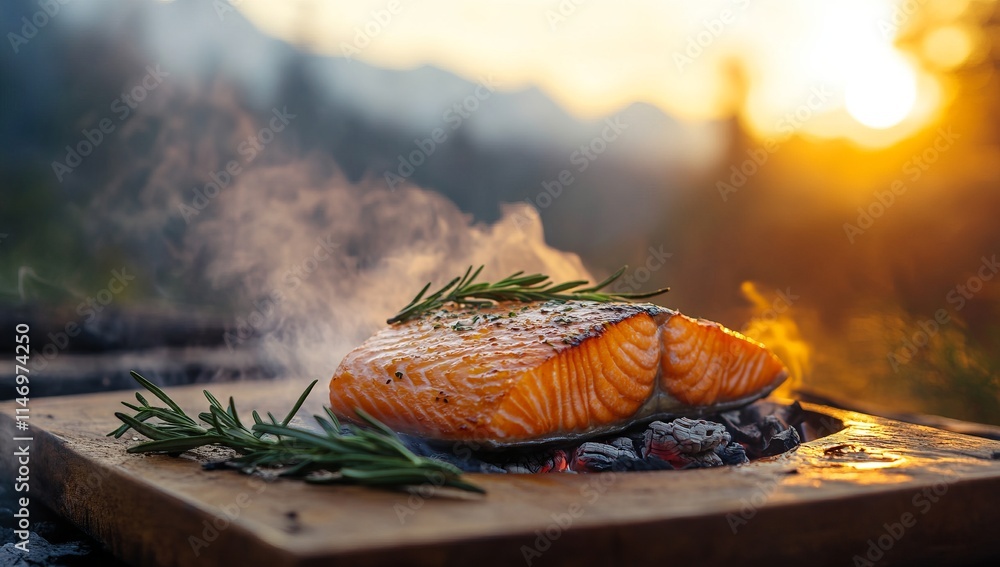 Grilled Salmon with Rosemary and Herbs on Old Wooden Board Over Fire, Swiss Alps at Sunrise, AI generated illustration. Grilled Salmon with Rosemary and Herbs on Old Wooden Board Over Fire, Swiss Alps at Sunrise, AI generated illustration.