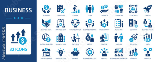 Business flat icons set. Meeting, partnership, business team, profit, company, management, planning.