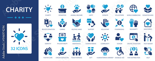 Charity and donation flat icons set. Donated, unity, caring, community, assistance, support, donor, help, volunteer.