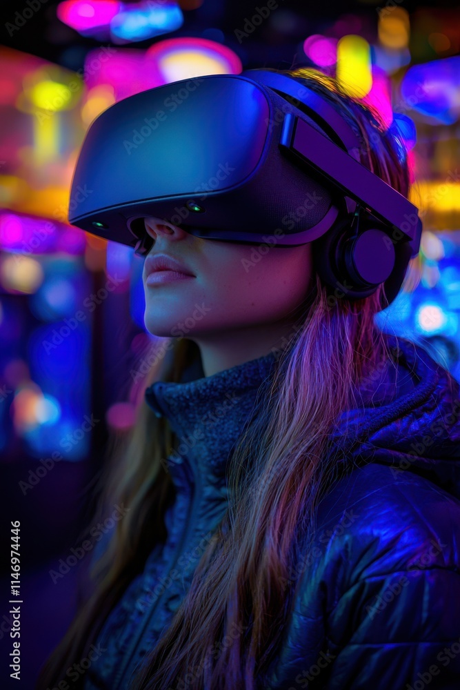 Immersive virtual reality experience in an arcade with vibrant neon lights Immersive virtual reality experience in an arcade with vibrant neon lights