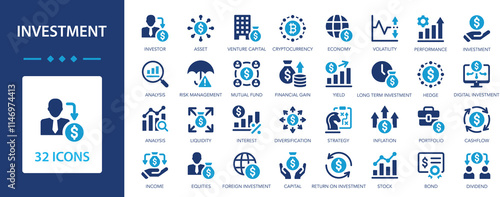 Investment icons set. Vector symbols collection Profit, Economy, Asset, Investor, Financial gain, Portfolio.
