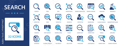 Search flat icons set. Magnifying glass, research, explore, control, search bot, inspection.