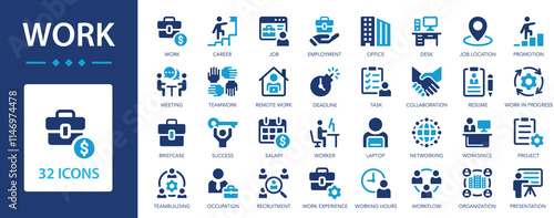 Work flat icons set. Career, office, employment, teamwork, meeting, organization.