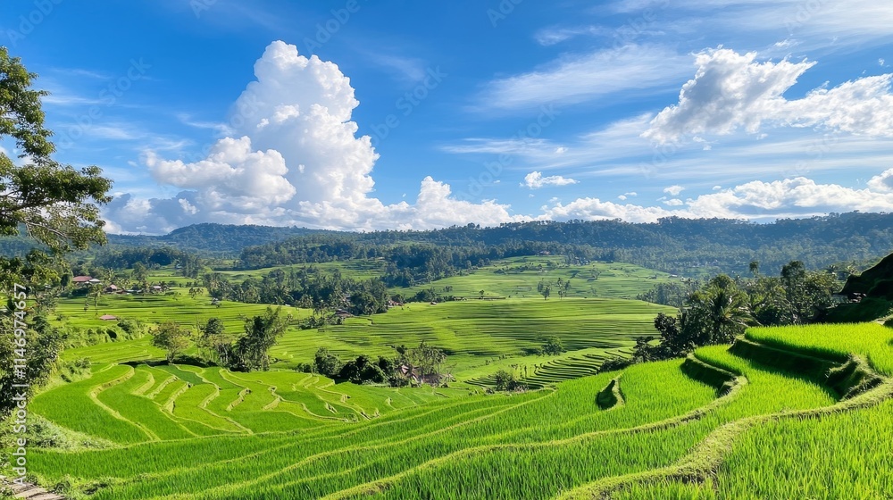 Fototapeta premium Lush Green Rice Terraces Landscape - Serene rice paddies, vibrant green hills, fluffy clouds, clear blue sky, tranquil nature.