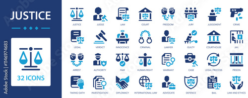 Justice icon set. Law, legal, judgment, prison, court, freedom.