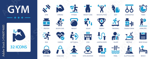 Gym icon set. Fitness, training, barbell, kettlebell, muscles, healthy body, cardio training.