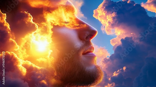 Mindful Sunrise Serenity - Inner peace, enlightenment, spiritual awakening, hope, and transformation. A man's face merges with a sunrise.