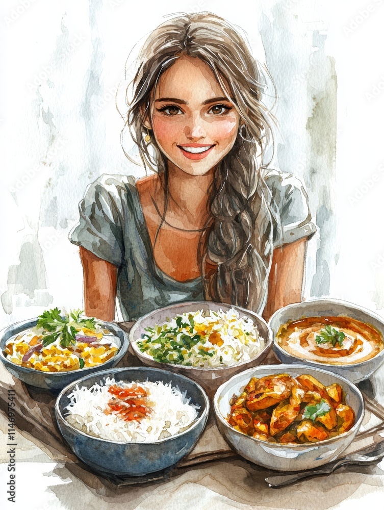 Smiling Woman Enjoying Curry Dishes with Rice, Watercolor Illustration, Potential usecase for food, restaurant, or cultural advertising Generative AI Smiling Woman Enjoying Curry Dishes with Rice, Watercolor Illustration, Potential usecase for food, restaurant, or cultural advertising Generative AI
