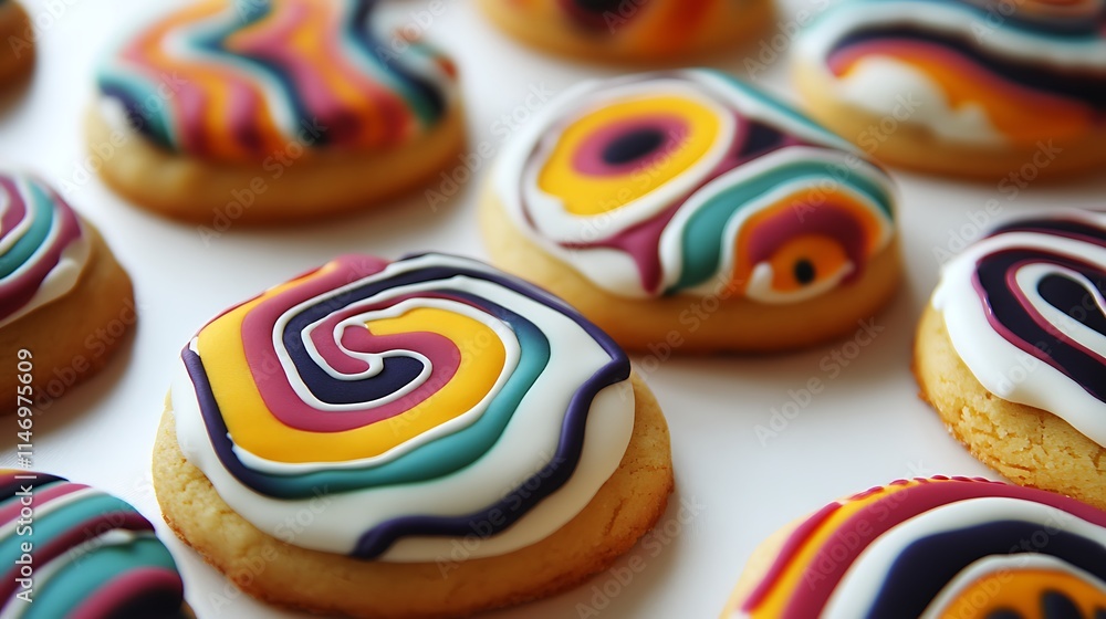 Artistic cookies with abstract icing patterns closeup Artistic cookies with abstract icing patterns closeup