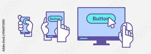 hand holding computer mouse, platform, product, application, design system scale-up, responsive layout, UI elements, button, click, tap, cursor, touch experiences, phone, tablet, desktop devices