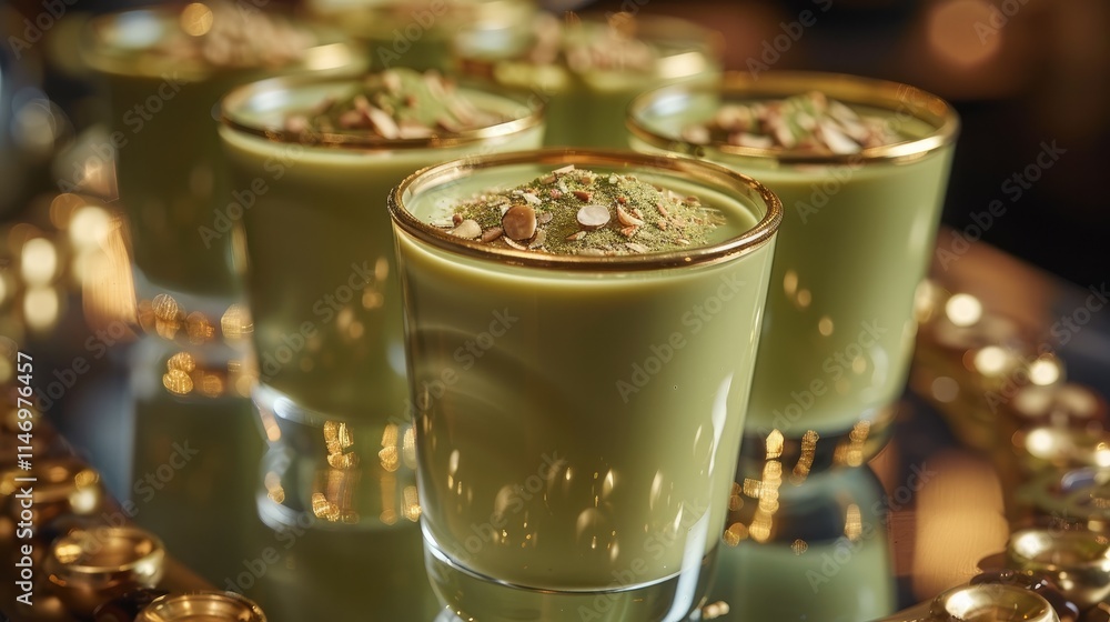 Almond Milk and Matcha Shots Small shot glasses filled with chilled matcha almond milk, garnished with gold-dusted almond flakes. Almond Milk and Matcha Shots Small shot glasses filled with chilled matcha almond milk, garnished with gold-dusted almond flakes.