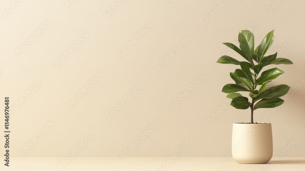 Small Plant in Beige Pot Against Wall - Simple elegance, natural growth, serene atmosphere, minimalist design, home decor. Small Plant in Beige Pot Against Wall - Simple elegance, natural growth, serene atmosphere, minimalist design, home decor.