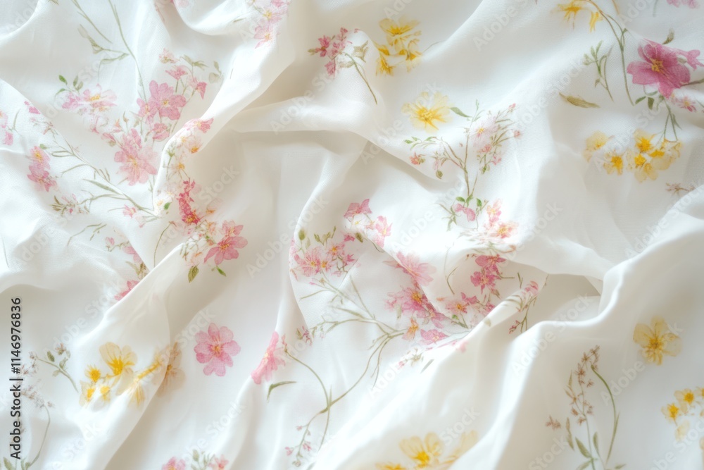 Soft white fabric with delicate pink and yellow floral print, crumpled texture. Soft white fabric with delicate pink and yellow floral print, crumpled texture.