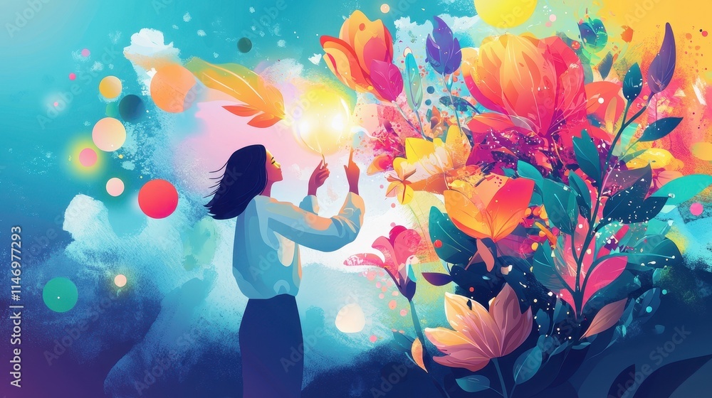 Fototapeta premium Person in a Colorful Setting Focusing on New Goals and Aspirations with Beautiful Flowers and Bright Colors