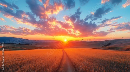 Vibrant sunset over rolling hills and wheat field, path leading to the horizon.