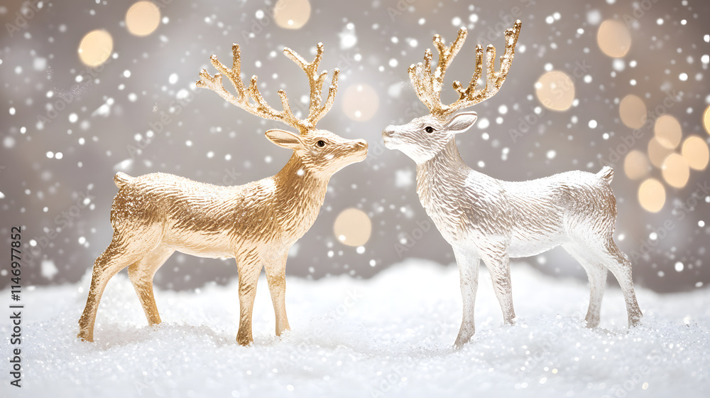 Obraz premium Two elegant gold and silver reindeer figurines stand in the snow, facing each other against a bokeh background of falling snow and warm lights. A perfect Christmas or winter scene.
