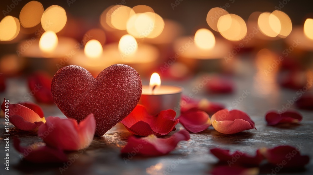 Romantic red heart with candles and rose petals. Romantic red heart with candles and rose petals.