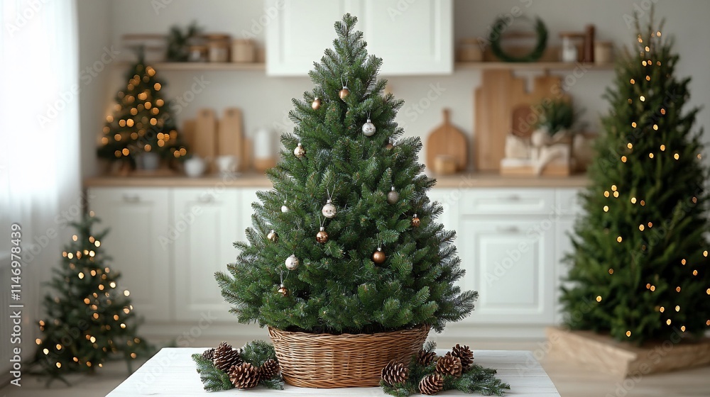 Decorated Christmas tree in a kitchen. Decorated Christmas tree in a kitchen.