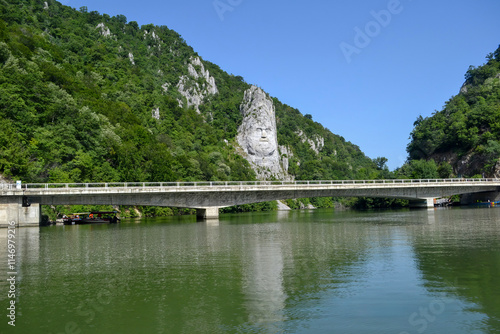 Decebalus Rock Sculpture and Bridge on the Danube River, Romania