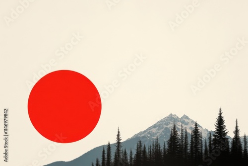 Red sun shining over snowy mountain and forest landscape photo