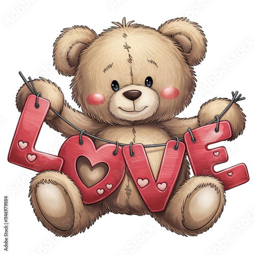 A cute teddy bear is holding up the word LOVE in large, red letters adorned with small hearts. photo