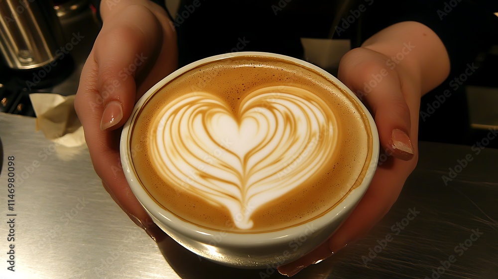Heart milk foam latte art created by skilled barista over steaming cup of creamy textured coffee Heart milk foam latte art created by skilled barista over steaming cup of creamy textured coffee