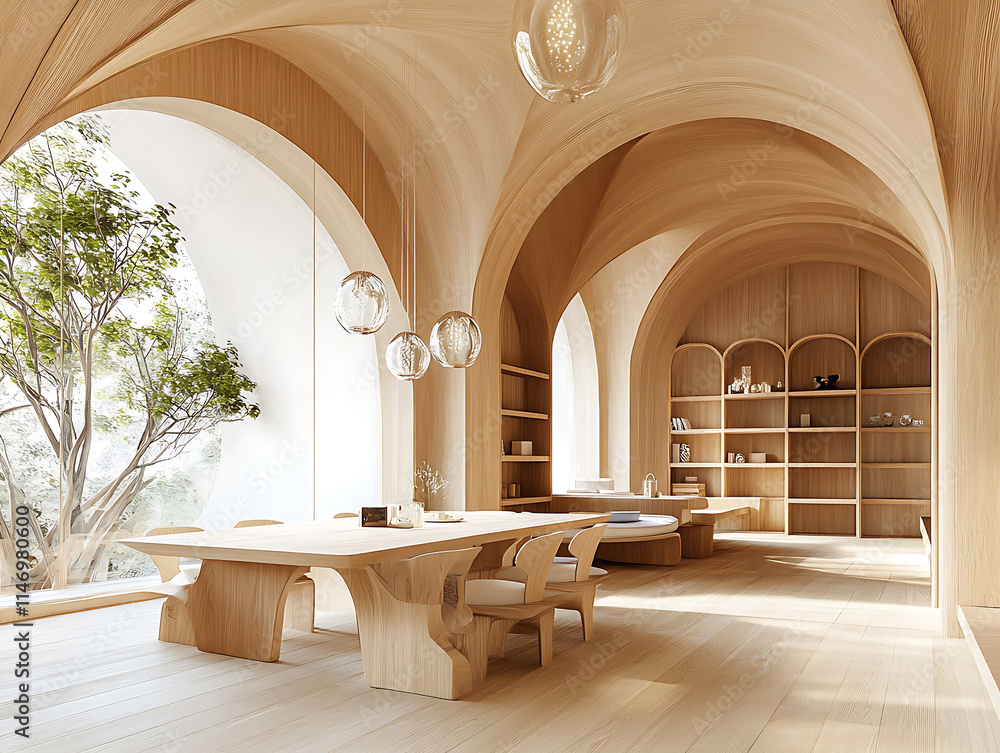 Minimalist interior design of modern dining room, curved wooden arches, flowing lines, light wood interior, minimalist dining room, sculptural ceiling Minimalist interior design of modern dining room, curved wooden arches, flowing lines, light wood interior, minimalist dining room, sculptural ceiling