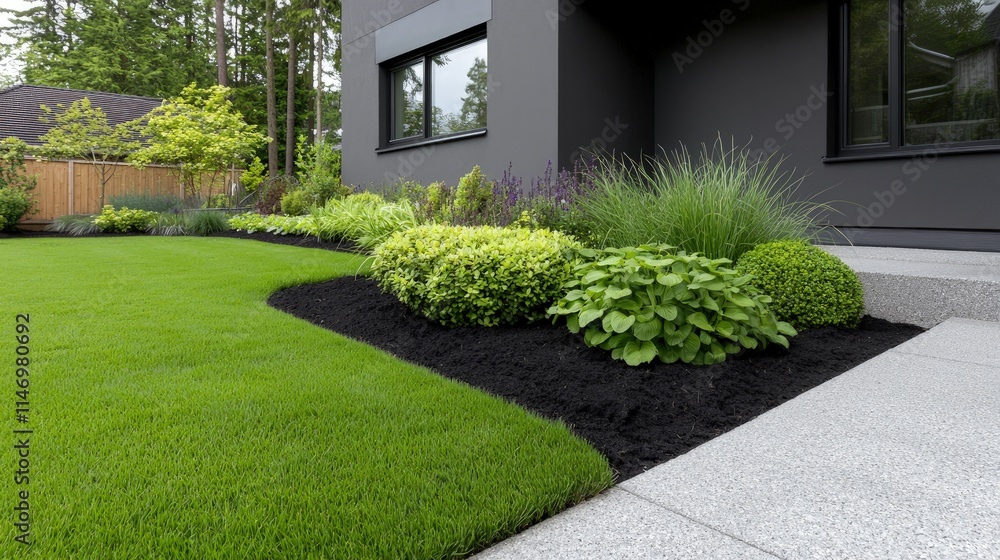Obraz premium Modern home landscaping with green lawn, shrubs, and mulch.