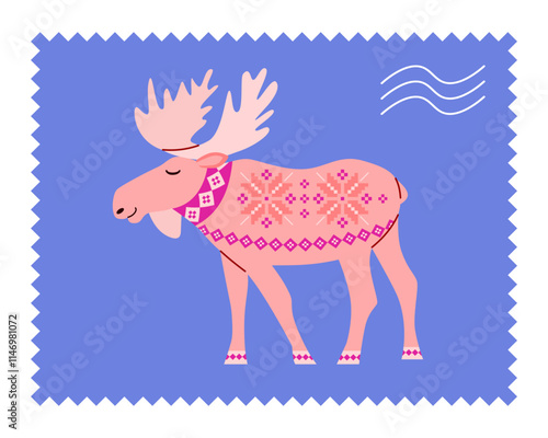 Forest animal moose figure with antlers in vintage folk style with knitted patterns on postcard. Vector illustration for greeting card, packaging, logo. Side view.