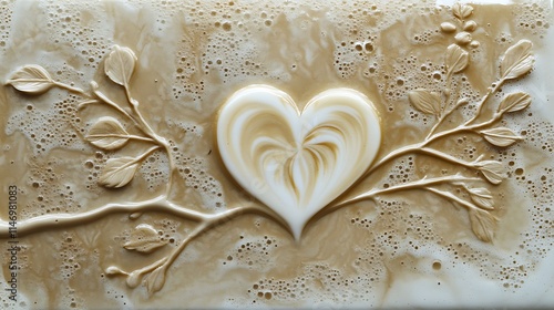 Smooth latte coffee surface with heart-shaped milk foam texture and delicate leaf tree patterns