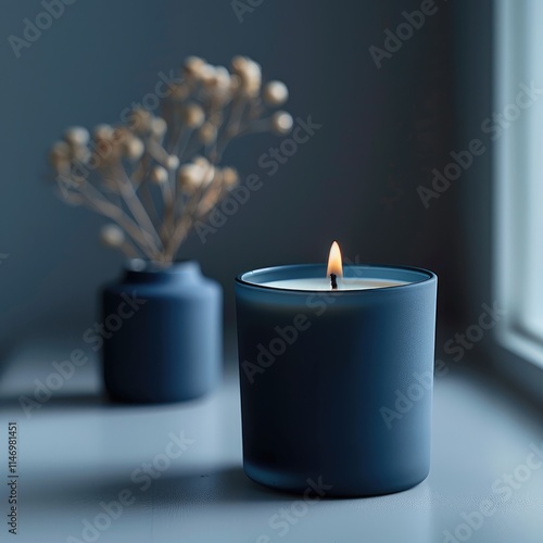 Decorative candle in a minimalist style, featuring a matte dark blue ceramic or frosted glass container with a white wax interior. photo