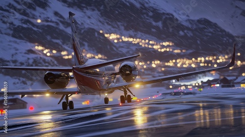 A private jet arrives in a snowy mountain landscape during sunset.