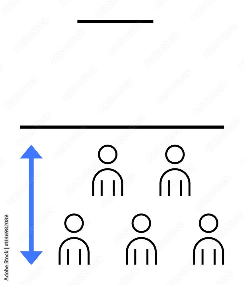 Hierarchical organization with five people icons underneath two lines and a vertical blue arrow showing distance. Ideal for business, management, structure, hierarchy, teamwork, measurement Hierarchical organization with five people icons underneath two lines and a vertical blue arrow showing distance. Ideal for business, management, structure, hierarchy, teamwork, measurement