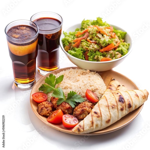 Fire Rice with Chicken, Fire Salad & Soft Drink on White Background