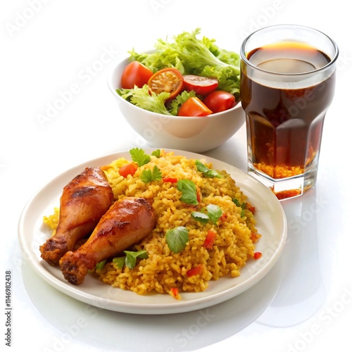 Fire Rice with Chicken, Fire Salad & Soft Drink on White Background